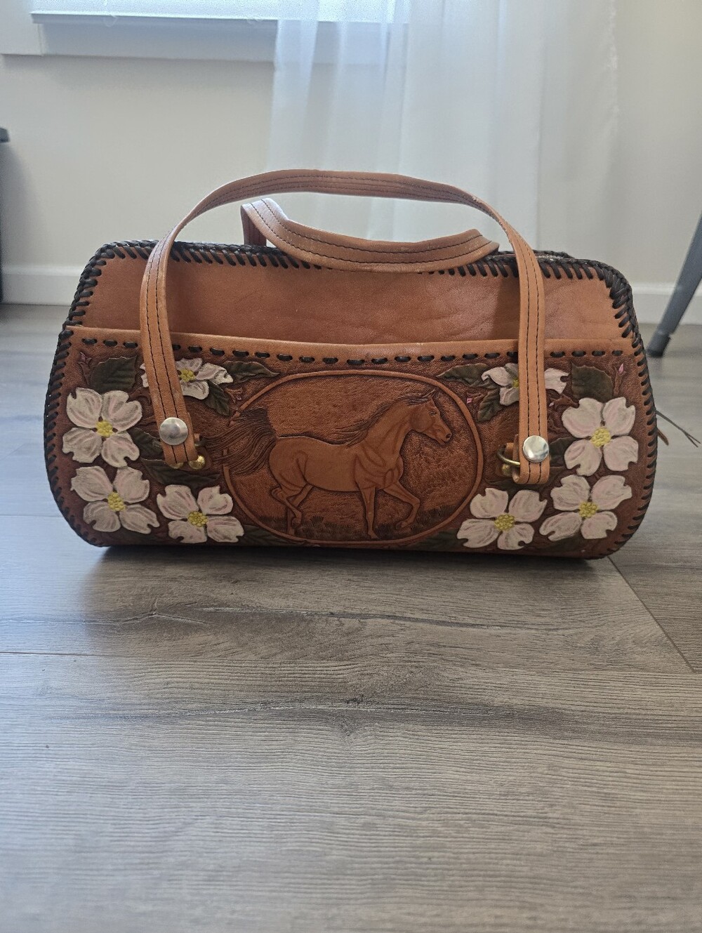 Hand Tooled Leather Barrel Bag Embossed Horse Painted Floral Brown